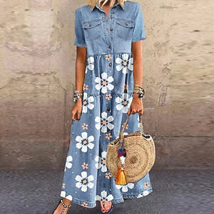 Mercerized Denim Pleated Short Sleeve Shirt